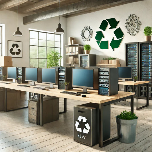 Professional office environment with refurbished IT equipment including laptops, servers, and networking devices, emphasizing cost-effectiveness and sustainability with eco-friendly elements in the background.